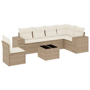 vidaXL 7 Piece Patio Sofa Set with Cushions Beige and Cream Poly Rattan - With Table - 1 of 4