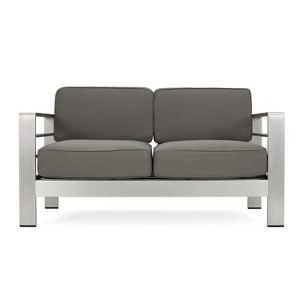 Christopher Knight Home Cape Coral 56" Outdoor Aluminum Loveseat with Cushions, Silver/Khaki - 1 of 4