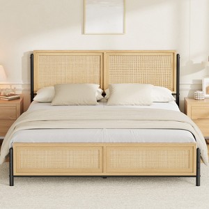 Garvee Bed Frame with Natural Rattan Headboard and Footboard, Wooden Platform No Box Spring Needed, 14 inch Noise-Free Metal Bedframe - 1 of 4