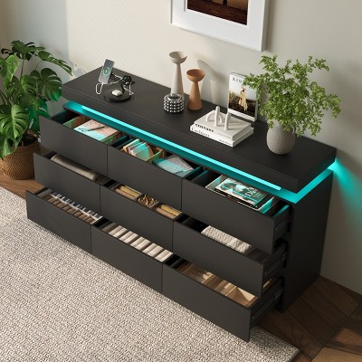 Dyonery 6/9-Drawer Dresser with Power Outlet-White Storage Cabinet with LED Lights, Wide Chest of Drawers with Charging Station for Bedroom