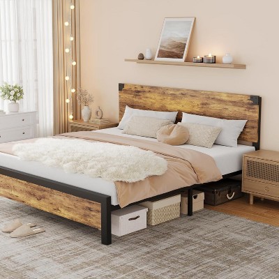 Homhougo Full Size Bed Frame with Storage, 4 Drawers and Heavy Duty Strong Metal Support Bed Frame with Wooden Headboard and Footboard, Brown