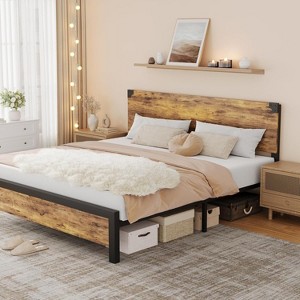 Homhougo Full Size Bed Frame with Storage, 4 Drawers and Heavy Duty Strong Metal Support Bed Frame with Wooden Headboard and Footboard, Brown - 1 of 4