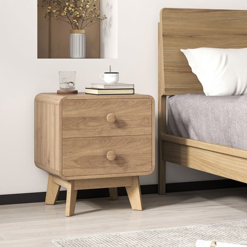 Costway 1/2 PCS Modern Style 2-Drawer Nightstand Bedside Table with Solid Rubber Wood Legs Brown, 2 of 10