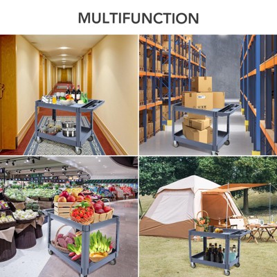 Service Cart, Plastic Utility Cart with 2 Shelves and 550Lb Capacity, Rolling Work Cart with 360¡ã Swivel Wheels