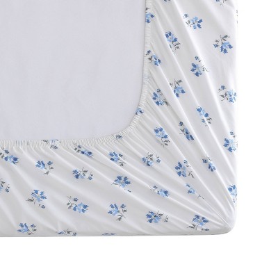 King Blue Floral Cotton Percale Deep Pocket Sheet Set