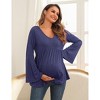 Maternity Shirts Pleated Tunic Flouncy Bell Long Sleeve Babydoll V Neck Hollow Out Tie Back Pregnancy Tops Tee - 4 of 4