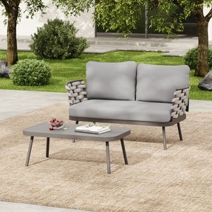 Christopher Knight Home Barbara Modern Outdoor Metal Coffee Table and Upholstered Lovesear Set - 1 of 4