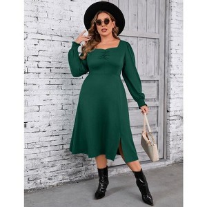 Coolmee Women Plus Size Smocked Square Neck Long Sleeve Front Split A-Line Midi Dress - 1 of 4