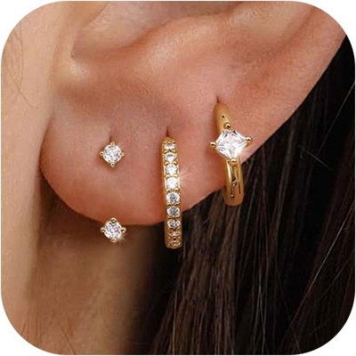 3Pairs 925 Sterling Silver, 14K Gold Plated Small Huggie Hoop Earrings Sets for Multiple Piercing CZ Cartilage Earrings Stacks