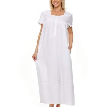 Women's Cotton Victorian Nightgown with Pockets, Florence Short Sleeve Lace Trimmed Button Up Long Vintage Night Dress Gown
