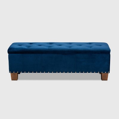 Elegant Navy Blue Velvet Tufted Storage Ottoman Bench with Silver Accents