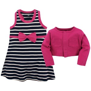 Hudson Baby Infant and Toddler Girl Cotton Dress and Cardigan 2pc Set, Berry Navy, 9-12 Months - 1 of 2