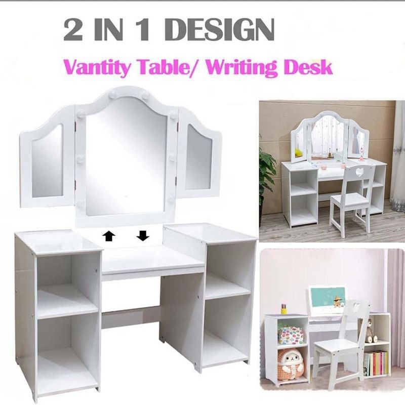 Whizmax 2 in 1 Wooden Princess Makeup Desk Dressing Table, Kids Vanity with Mirror, Light,Stool & Drawer, 1 of 9