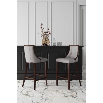 Set of 2 Light Grey Faux Leather Walnut Wood Bar Stools