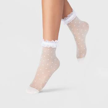Women's Polka Dot Sheer Anklet Socks with Large Ruffle - A New Day™ White 4-10