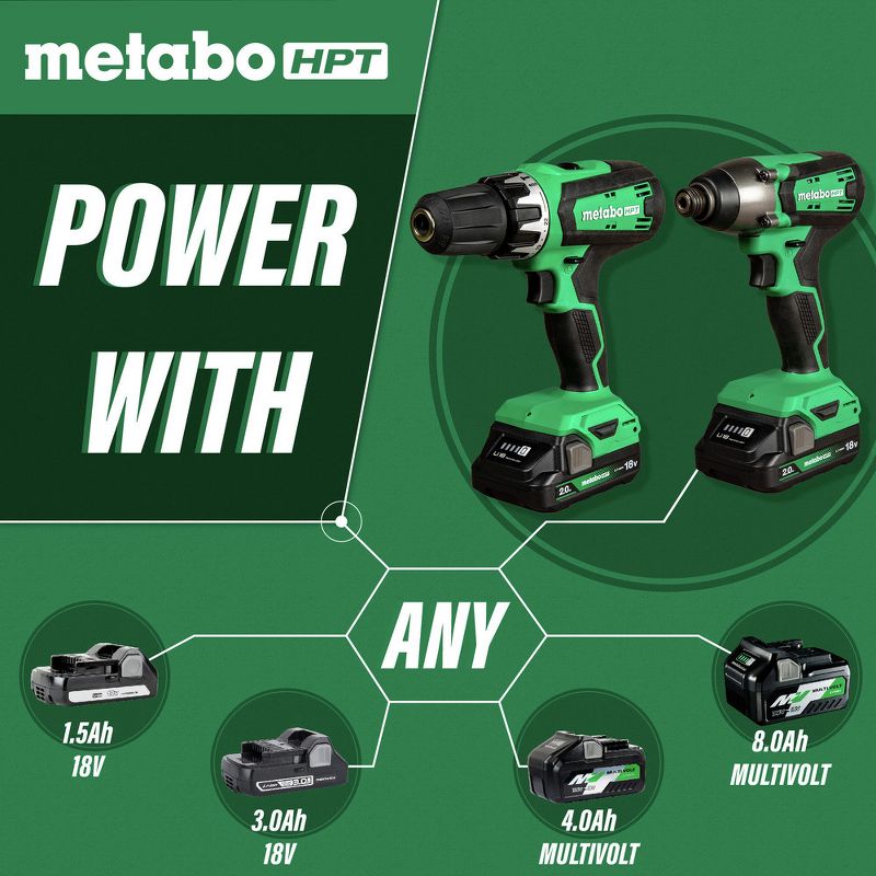 Metabo HPT KC18DFXM 18V MultiVolt Brushed Lithium-Ion 1/2 in. Cordless Hammer Drill and 1/4 in. Impact Driver Combo Kit with 2 Batteries (2 Ah), 5 of 9