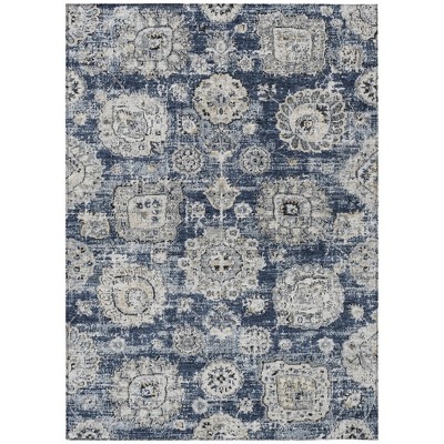 Navy Blue And Gray Floral Washable Indoor Outdoor Area Rug