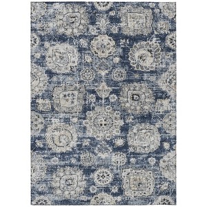 Navy Blue And Gray Floral Washable Indoor Outdoor Area Rug - 1 of 4