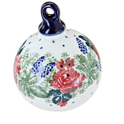 Blue Rose Polish Pottery Winter Floral Small Round Christmas Ornament