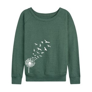 Women's - Instant Message - Dandelion Birds Lightweight French Terry Wide Neck Long Sleeve Graphic Shirt - 1 of 4