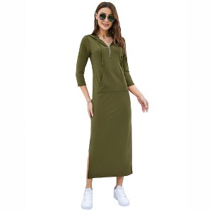 Coolmee Women Casual Maxi Dress Quarter-Zip Neck 3/4 Sleeve Slim Slit Pullover Hoodie Long Dress with Front Pocket - 1 of 4