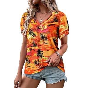 Nlife Womens Puff Short Sleeve Hawaiian Shirts Floral Tropic Printed Pleated V Neck Summer Casual T-Shirt Trendy Boho Blouses Tops - 1 of 4