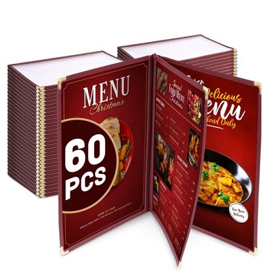 WeChef 60 Pack Restaurant Menu Covers 8.5 x 14" Book Style 3 Pages 6 View Burgundy