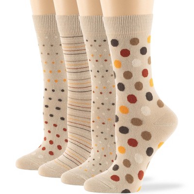 Women Cotton Calf Patterned Socks - 4 Pack - Striped, Dot, Geometric - M/L - Black, Brown, Navy | 7BIGSTARS KINGDOM