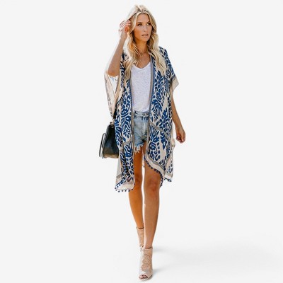 Anna-Kaci Swim Women's Open Front Duster with Bohemian Print and Tassel Trim