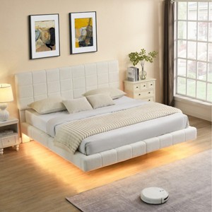 KWPZQEB Queen/King Size Boucle Bed Frame with Light & Upholstered Headboard, Modern Soft Platform Bed with Wooden Slats Support, Easy Assembly, White - 1 of 4