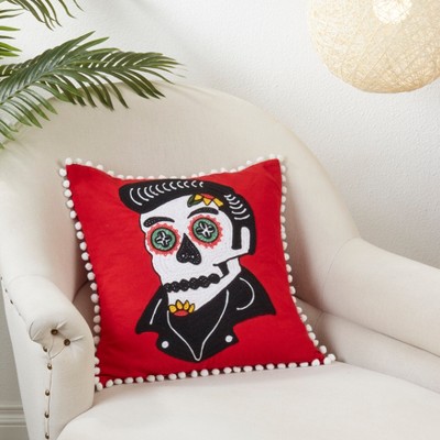 Red Sugar Skull Embroidered Square Pillow with Tassels