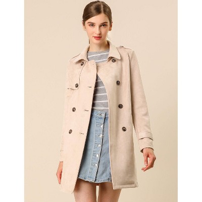 Allegra K Women's Faux Suede Notched Lapel Double Breasted Trench Coat with Belt Large Apricot — фото 3