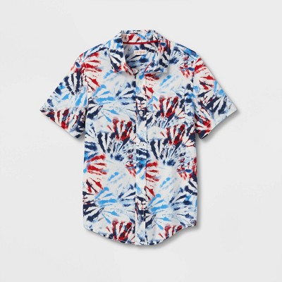 Boys' Tie-Dye Button-Down Short Sleeve Shirt - Cat & Jack™ Red/White/Blue