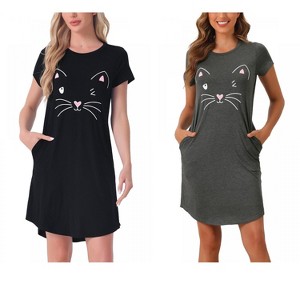 INSPIRE CHIC Women's 2 Pcs Cats Printing Pajamas Cute Printed Sleep Dress Short Sleeve Nightgowns - 1 of 4