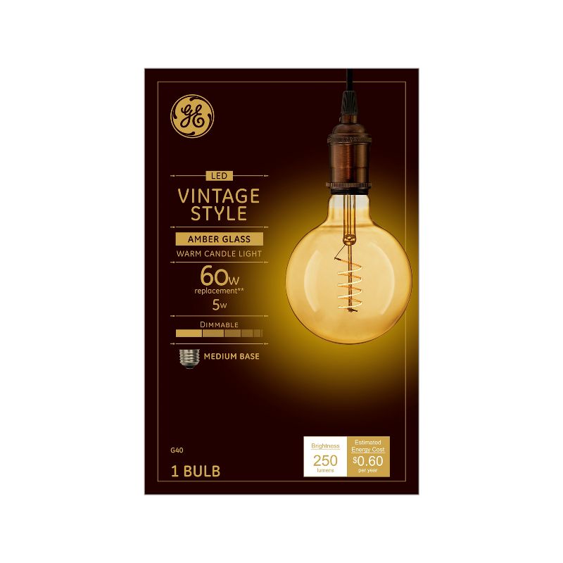 GE 5W 60W Equivalent LED Globe Light Bulb Amber Glass Warm Candle Light, 3 of 7
