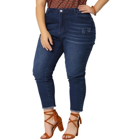Unique Bargains Women's Plus Size Capri Ripped Slash Pocket Raw Hem Denim  Jeans 