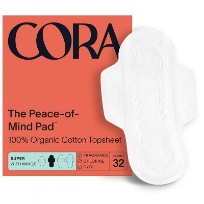 Cora Organic Cotton Ultra Thin Super Fragrance Free Pads with Wings for Periods - Super Absorbency - 32ct