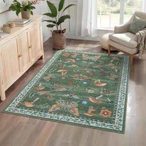 Acekool Washable 5x7 Area Rug, Modern Floral Insect Print, Non Slip Low Pile Soft Stain Resistant Indoor Carpet, Black - 1 of 4