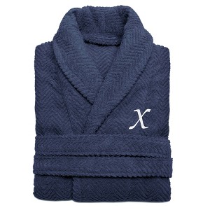 Linum Home Textiles 100% Turkish Cotton Unisex Personalized Herringbone Midnight Blue Bathrobe in White Chancery Font - 1 of 2
