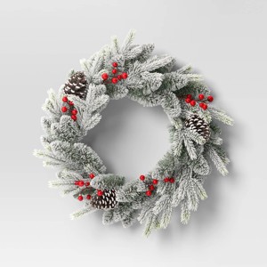 24" Lightly Flocked Pine Artificial Christmas Wreath with Pinecones and Red Berries Green - Wondershop™ - 1 of 3