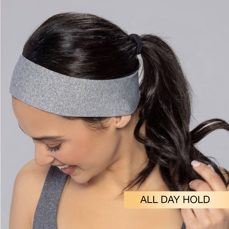 Gray colored headband worn on a person with text "ALL DAY HOLD" in the corner.