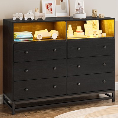 Black 6 Dresser for Bedroom,Wide 6 Chest of Drawers with Charging Station & LED Light & Sturdy Steel Leg for Living Room, Closet, Entryway, Nursery