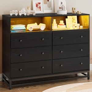 Black 6 Dresser for Bedroom,Wide 6 Chest of Drawers with Charging Station & LED Light & Sturdy Steel Leg for Living Room, Closet, Entryway, Nursery - 1 of 4