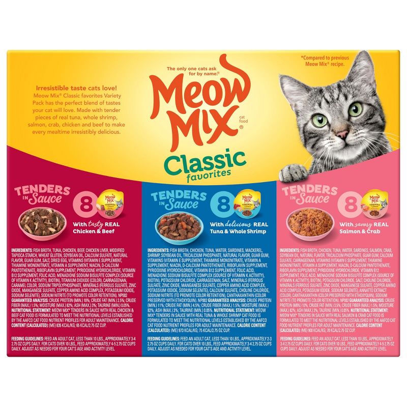 Meow Mix Tender Favorites with Crab, Shrimp, Chicken, Beef, Salmon &#38; Tuna Wet Cat Food Classic Favorites - 2.75oz/24ct Variety Pack, 3 of 10