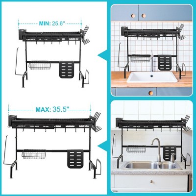 Adjustable Black Metal Over Sink Dish Drying Rack with Utensil Cup