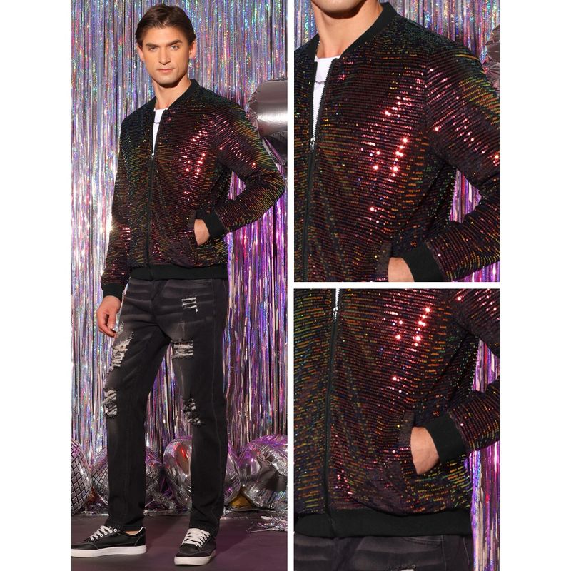 Lars Amadeus Men's Zipper Long Sleeves Party Disco Shiny Sequin Bomber Jacket, 5 of 6