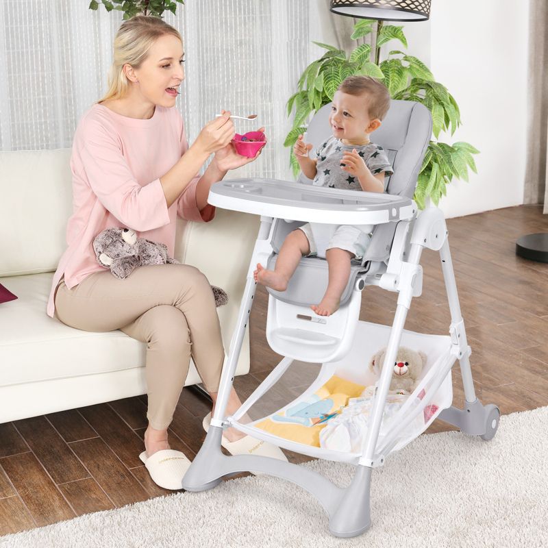 Infans Baby Convertible Folding Adjustable High Chair w/Wheel Tray Storage Basket Grey, 2 of 8