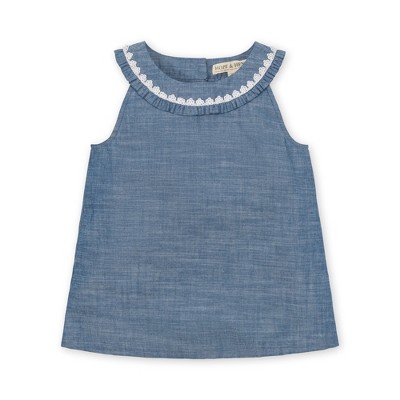 Hope & Henry Girls' Organic Sleeveless Ruffle Collar Chambray Button Back Top , Kids