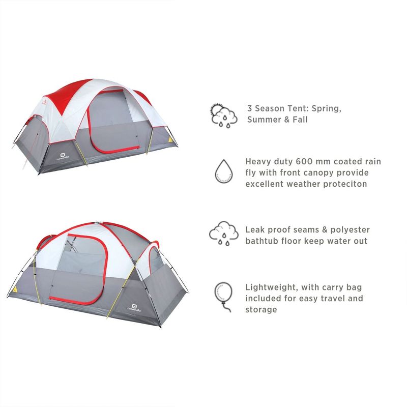 Outbound 6 Person 3 Season Lightweight Long Dome Tent with a Heavy Duty 600 mm Coated Rainfly, Front Canopy, and Ventilated Mesh Roof, Red, 5 of 7