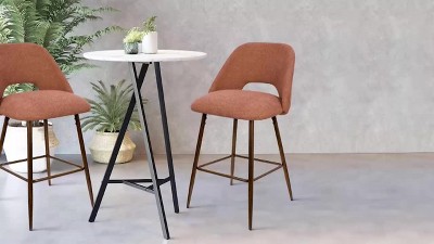 Beige Upholstered Counter Stools with Walnut Legs, Set of 2
